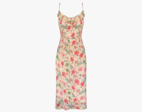 ?HANSINA长款碎花荷叶边收腰吊带连衣...