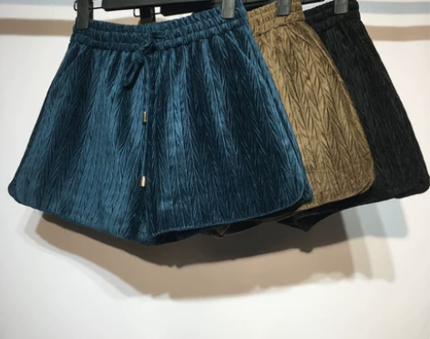 酷酷啦韩版系带高腰压褶丝绒短裤女秋冬宽松a...