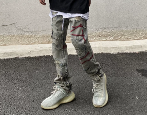 非潮勿近高街美式复古做旧嘻哈刺绣破洞牛仔裤...