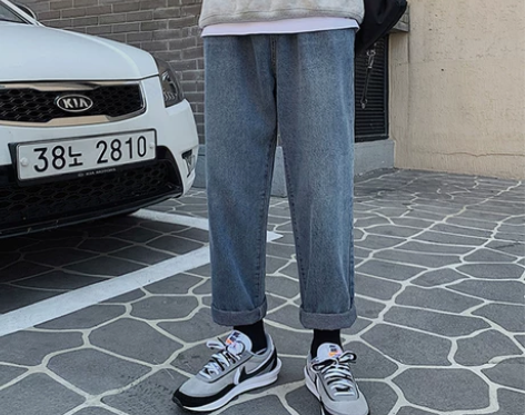 ins秋季日系翻边街头百搭牛仔裤男士潮牌宽...