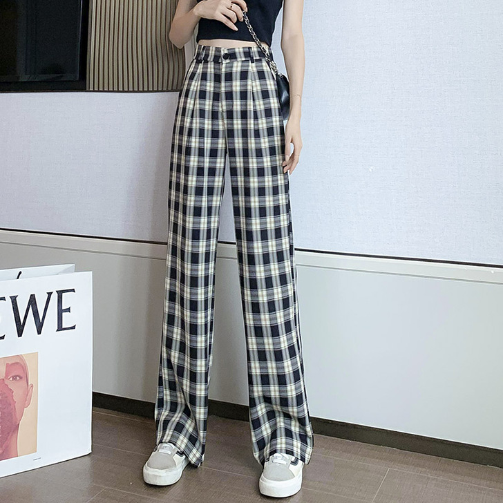 格子阔腿裤女秋冬季加绒加厚高腰直筒裤夏季垂...
