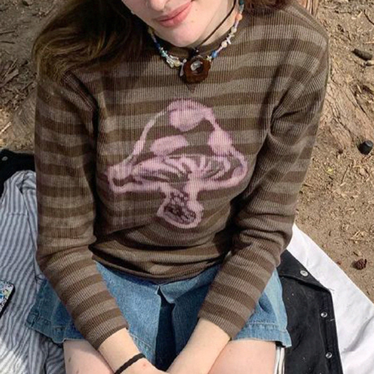 复古条纹蘑菇印花圆领长袖T恤衫打底上衣