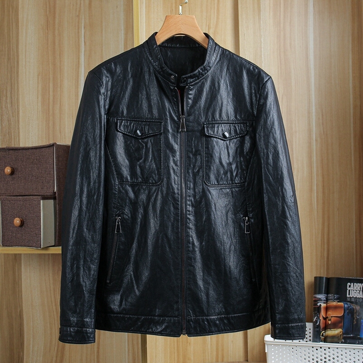一线撤柜多口袋男士皮衣春秋款小立领休闲男士...