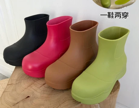 磨砂真皮雨靴厚底内增高短靴切尔西牛油果绿短...