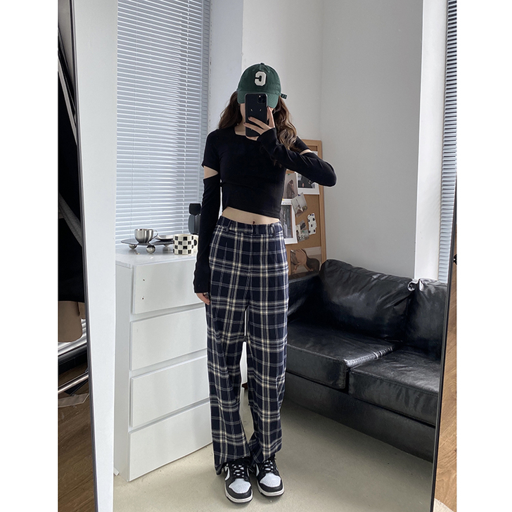 HHYEE 休闲格子阔腿裤女2021秋季新...