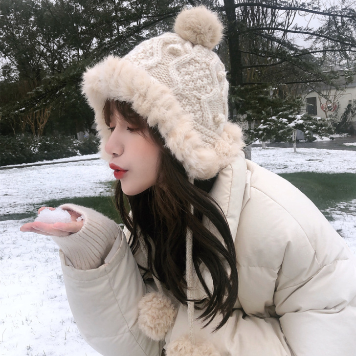 韩版毛线帽子女秋冬季雷锋帽保暖护耳兔毛球针...