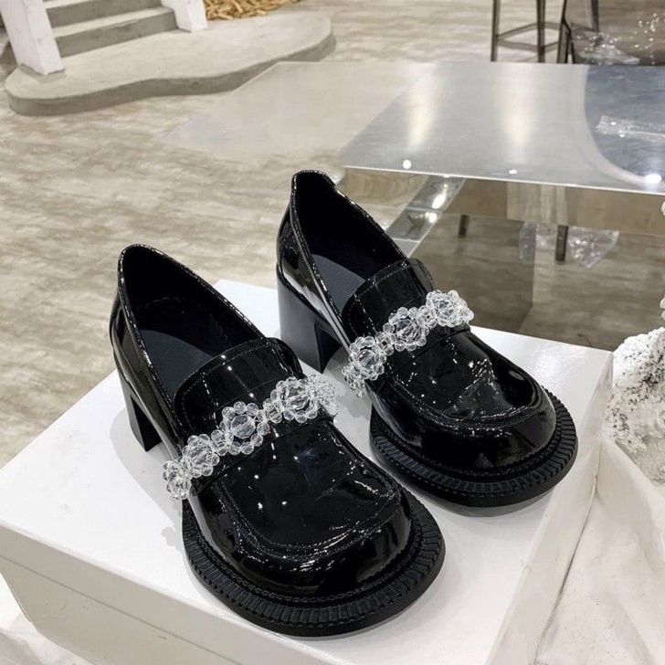 2021春秋水晶冰花粗跟玛丽珍鞋女英伦风复...