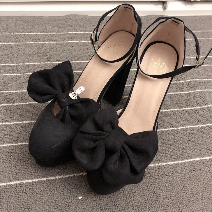 蝴蝶结可拆卸防水台12cm粗跟高跟鞋反绒皮...