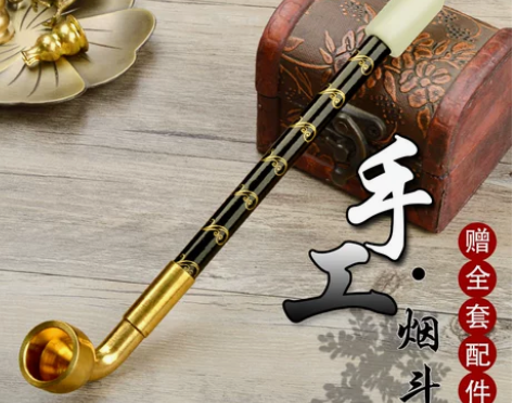 艾宝纯铜旱烟袋锅子老式烟枪手工实木杆玉嘴短...