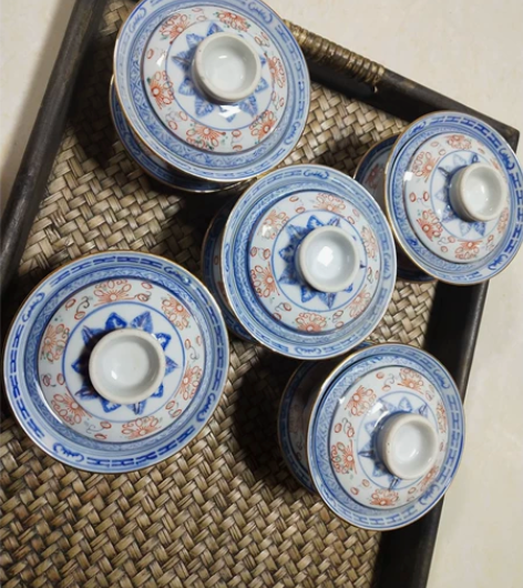 景德镇光明瓷厂老厂瓷青花描金玲珑盖碗泡茶碗...