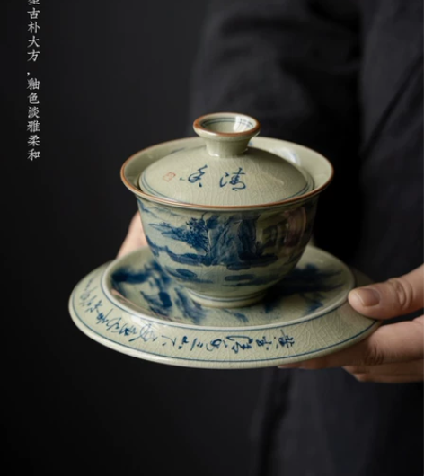 老陶泥青花盖碗茶杯高端复古陶瓷功夫茶具套装...