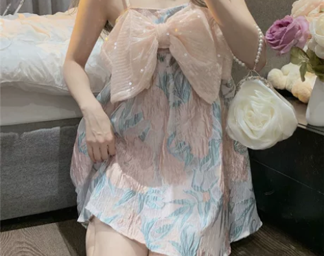 春夏季仙女法式蝴蝶结吊带裙碎花短裙气质连衣...