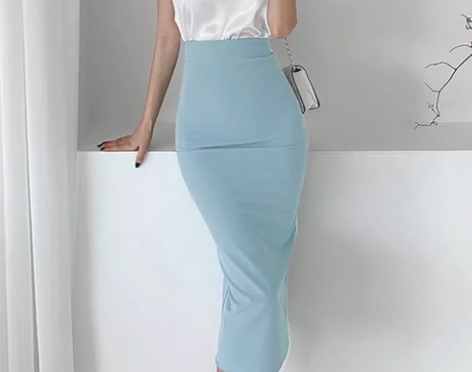 2021春夏季韩版修身OL高腰半身裙浅蓝色...