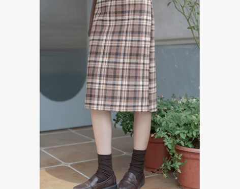 2020新款春秋季A字裙格子高腰显瘦半身裙...