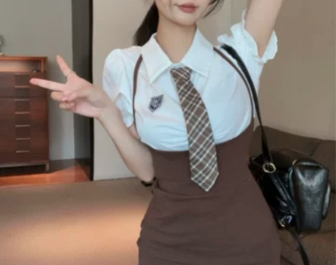 美式复古学院风辣妹性感开叉绑带设计感甜辣棕...