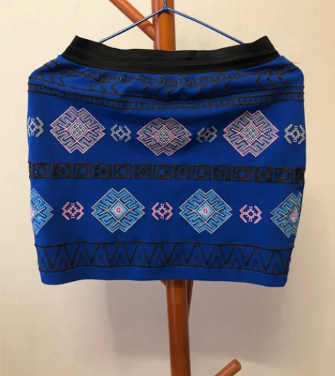 民族风性感包臀半身裙短裙 湖蓝色 粉色花纹...