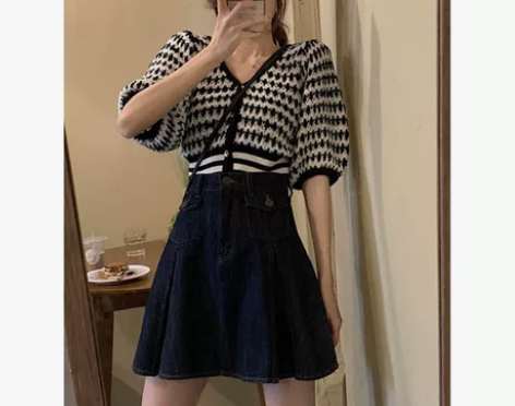 韩版气质高腰牛仔短裙女显瘦百褶a字半身裙b...