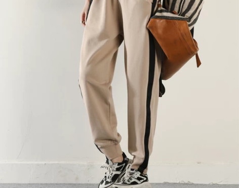 皇森大码条纹运动裤女卫裤秋季宽松松紧腰韩版...