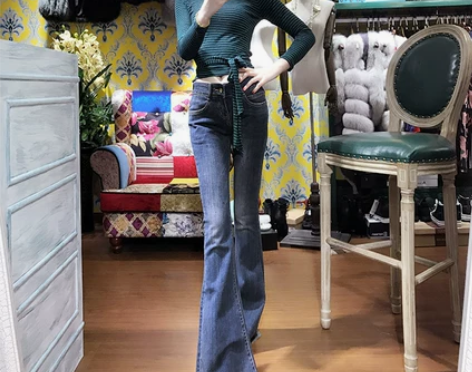 新款欧美风显瘦毛边大喇叭牛仔裤女 弹力修身...
