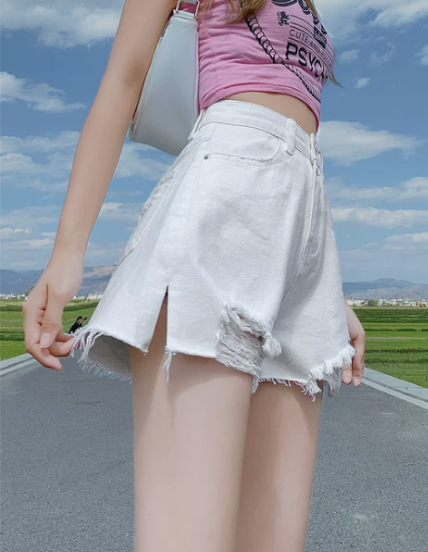 牛仔短裤 牛仔短裤阔腿裤白色女宽松2022...