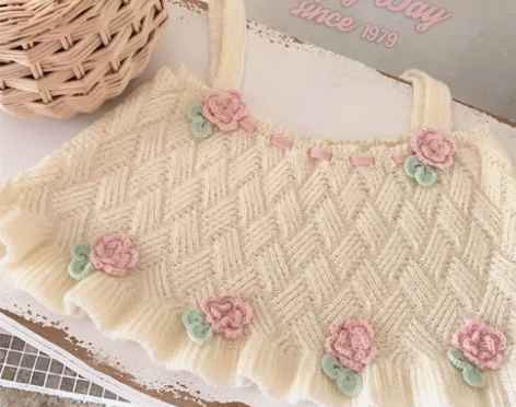 纯手工花朵 复古少女花篮纹理 米黄色宽松针...