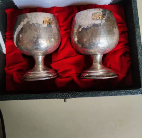 日本回流 纯银手工锤目纹内鎏金工艺高脚杯 ...