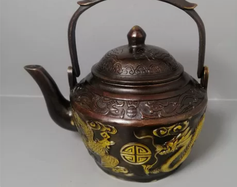 古玩铜器收藏鎏金龙凤壶老铜器提梁虎文玩老货...