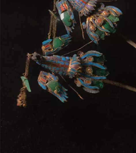 清代老银鎏金镶翠绿饰品凤凰发簪，工艺精美，...