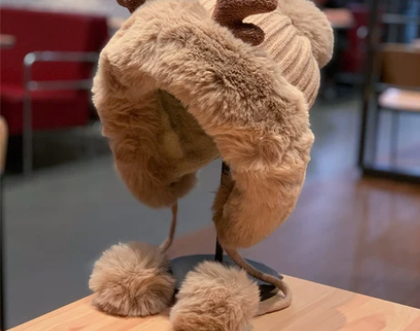 帽子女秋冬韩版可爱鹿角毛球护耳毛绒帽圣诞加...