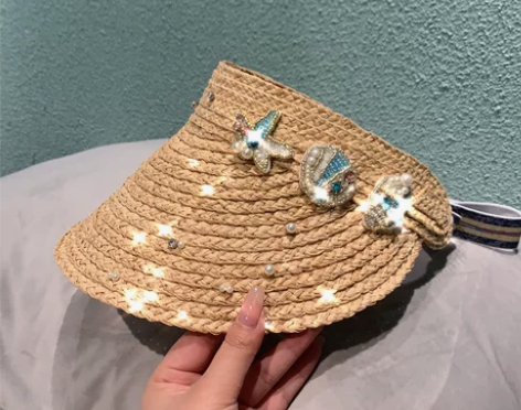 草帽女夏天手工珍珠沙滩空顶帽遮阳防晒拉菲草...