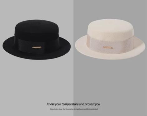 白色法式秋冬平顶羊毛礼帽女平沿小沿英伦复