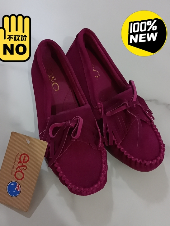 白菜价鞋子36码全真皮牛皮平底豆豆鞋玫红色...