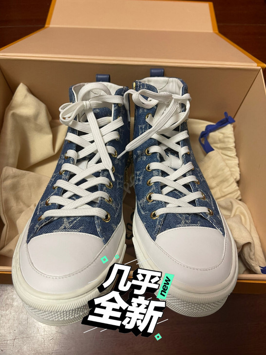 LV丹宁牛仔老花高帮帆布鞋，官网在售但是小...