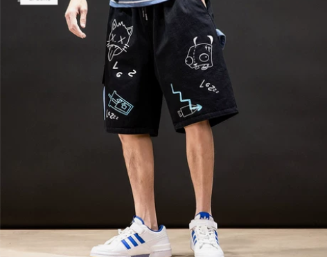 涂鸦工装短裤男夏季薄款宽松韩版潮流五分裤胖...