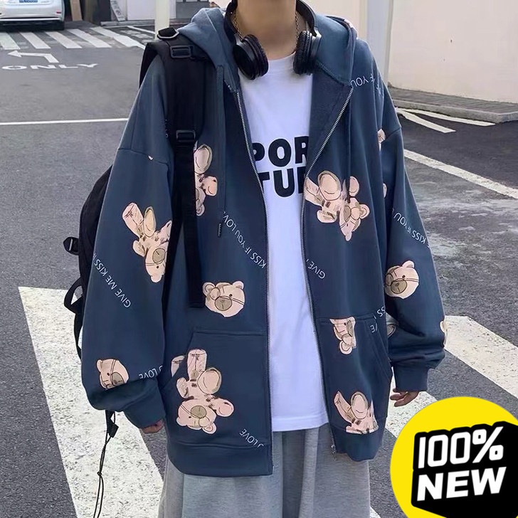开衫卫衣男秋季嘻哈宽松休闲小熊连帽外套in...