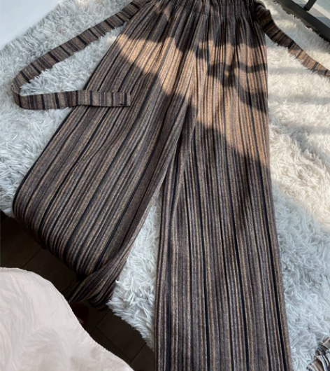 竖条纹宽松阔腿裤女秋冬舒适高腰垂感松紧腰拖...