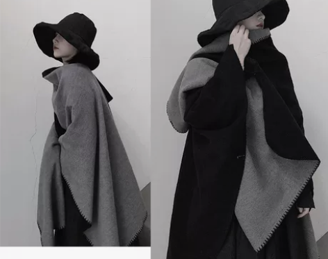 山本耀司仿羊绒扎染黑白双面披肩装饰围巾简约...