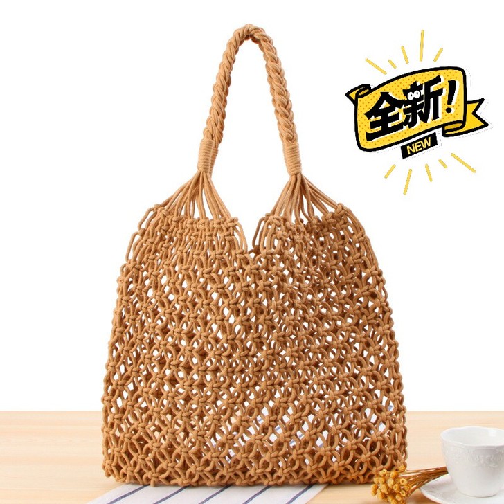 新款纯色单肩编织包潮女森系草编包度手工棉绳...