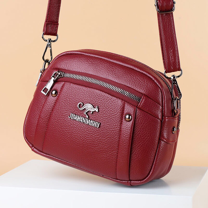 袋鼠真皮质感休闲包包女时尚百搭多层单肩斜挎...