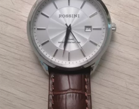 罗西尼男士石英手表，银色表盘，棕色表带，有...