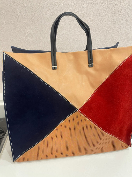 张大奕家包包 拼色绒面皮面手拎包