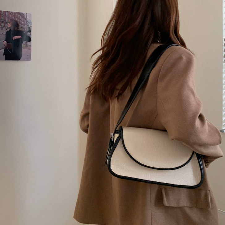 2021小众韩版 秋冬新款鳄鱼纹拼色百搭法...