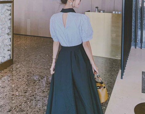 法式初恋甜美假两件衬衫连衣裙女夏2021新...