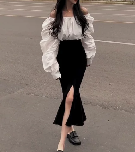 鱼尾裙夏季高腰显瘦不规则开叉一步裙半身裙一...