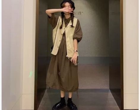 直筒连衣裙长款气质衬衫女可盐可甜日系夏马甲...