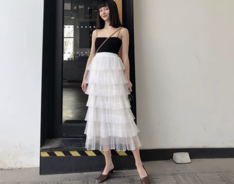 网纱裙子夏复古白色蛋糕裙多层次半身长裙女秋...