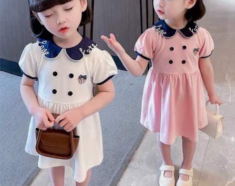 韩版童装女童夏装洋气娃娃领连衣裙女孩学院风...
