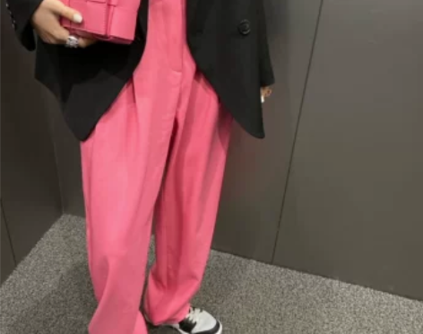 ?4PRIL 少女粉直筒西装休闲裤女春夏宽...