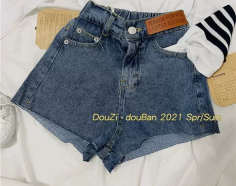豆子豆瓣女童中高腰牛仔短裤2021夏季新品...