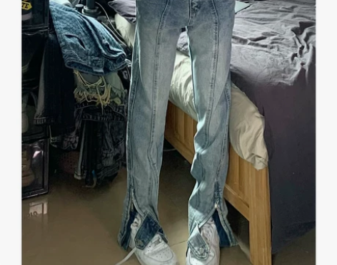 设计感分割开叉调节牛仔裤女欧美式辣妹高街v...